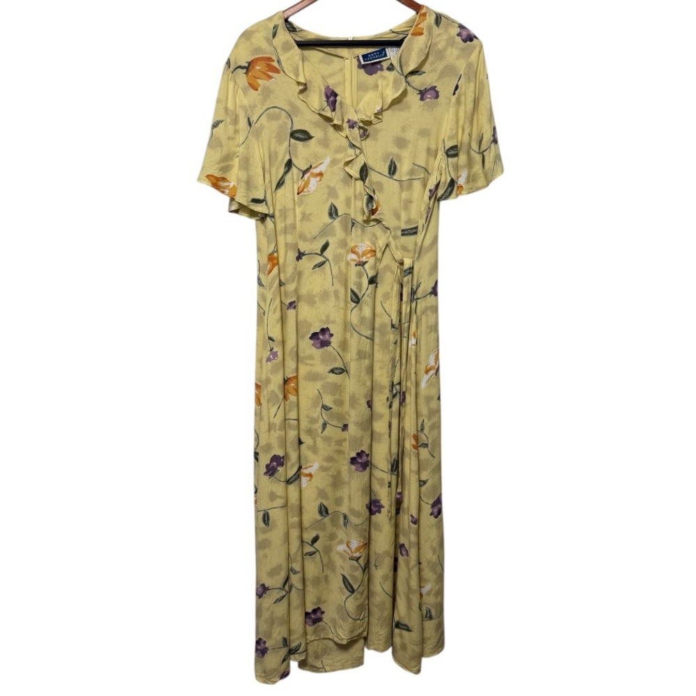 Vintage Bryn Connelly Floral Yellow Maxi Wrap Dress Women’s Size 12 Cottagecore